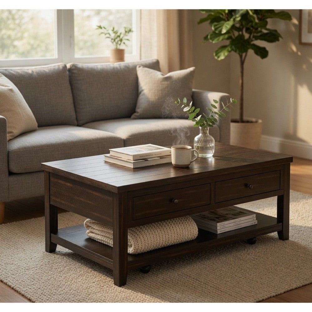 Ayne Lift-Top Coffee Table | Storage & Casters | Distressed Java Wood 48"