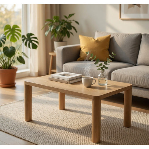 Givy Cocktail Coffee Table | Pillar-Style Legs | Light Oak Wood 47"