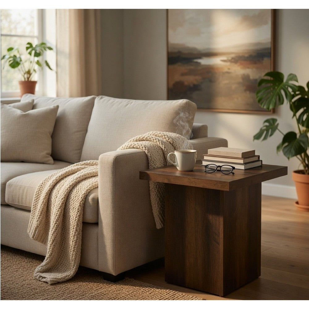 Darla Square Side-End Table with Block Style Base | Brown Wood 24"