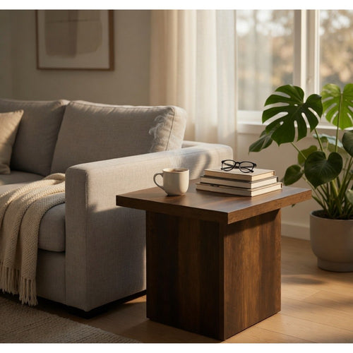 Darla Square Side-End Table with Block Style Base | Brown Wood 24"