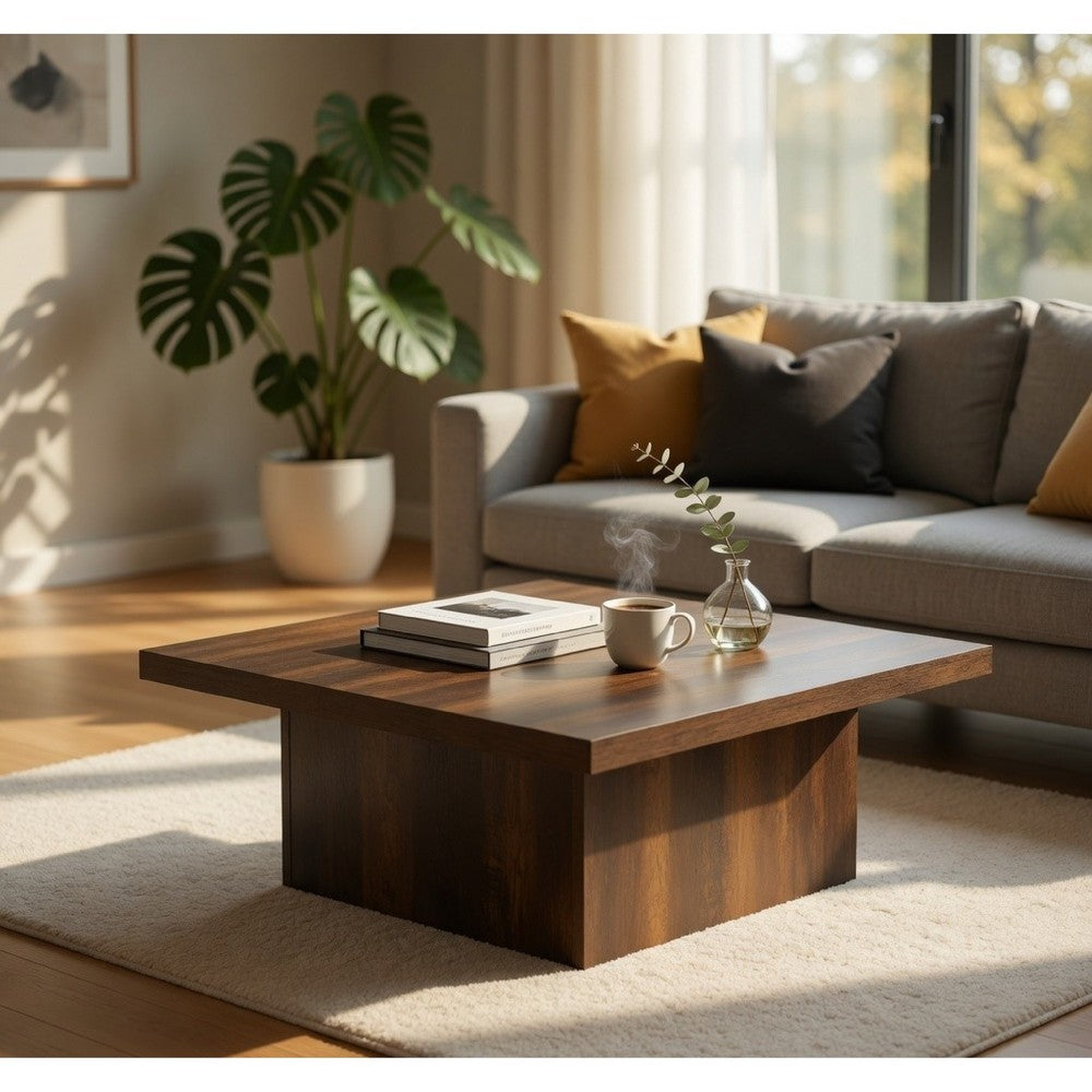 Darla Square Cocktail Coffee Table | Block Style Base | Brown Wood 36"