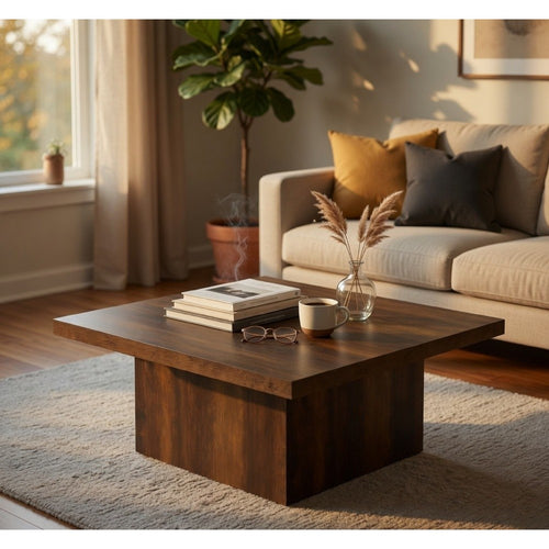 Darla Square Cocktail Coffee Table | Block Style Base | Brown Wood 36"
