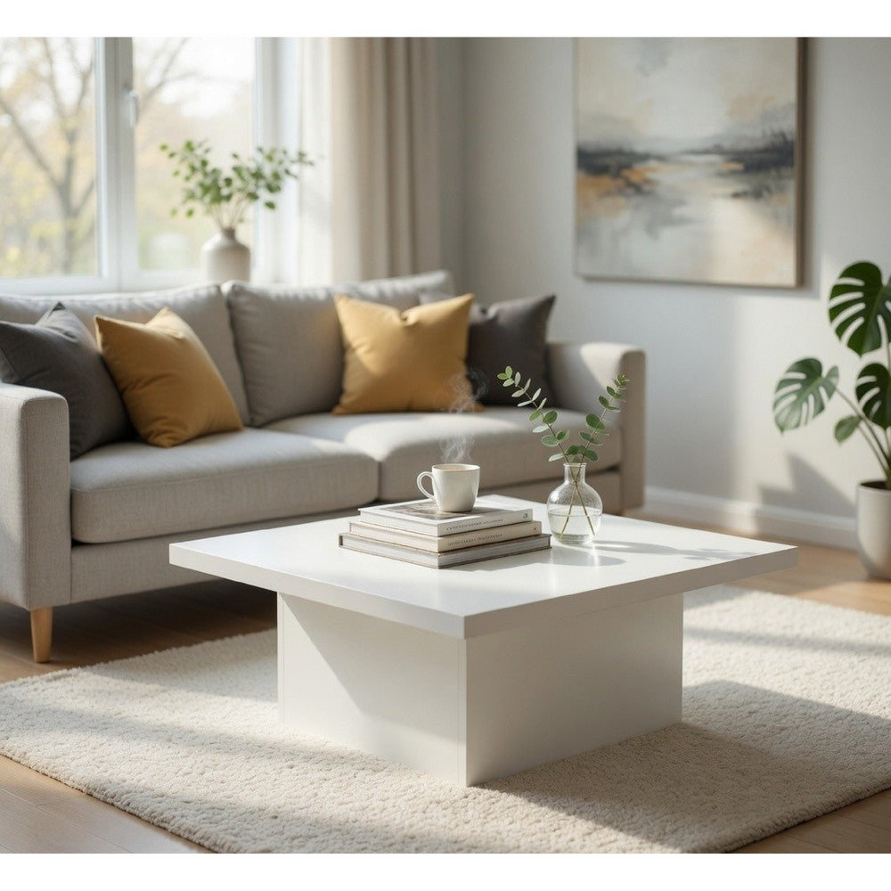 Darla Square Coffee Table | Block Style Base | White Gloss Wood 36"