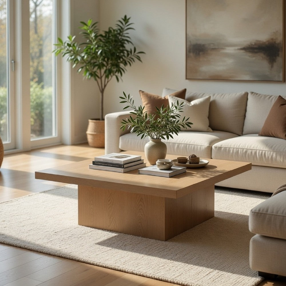 Darla Square Cocktail Coffee Table | Pedestal Base | Brown Wood 36"