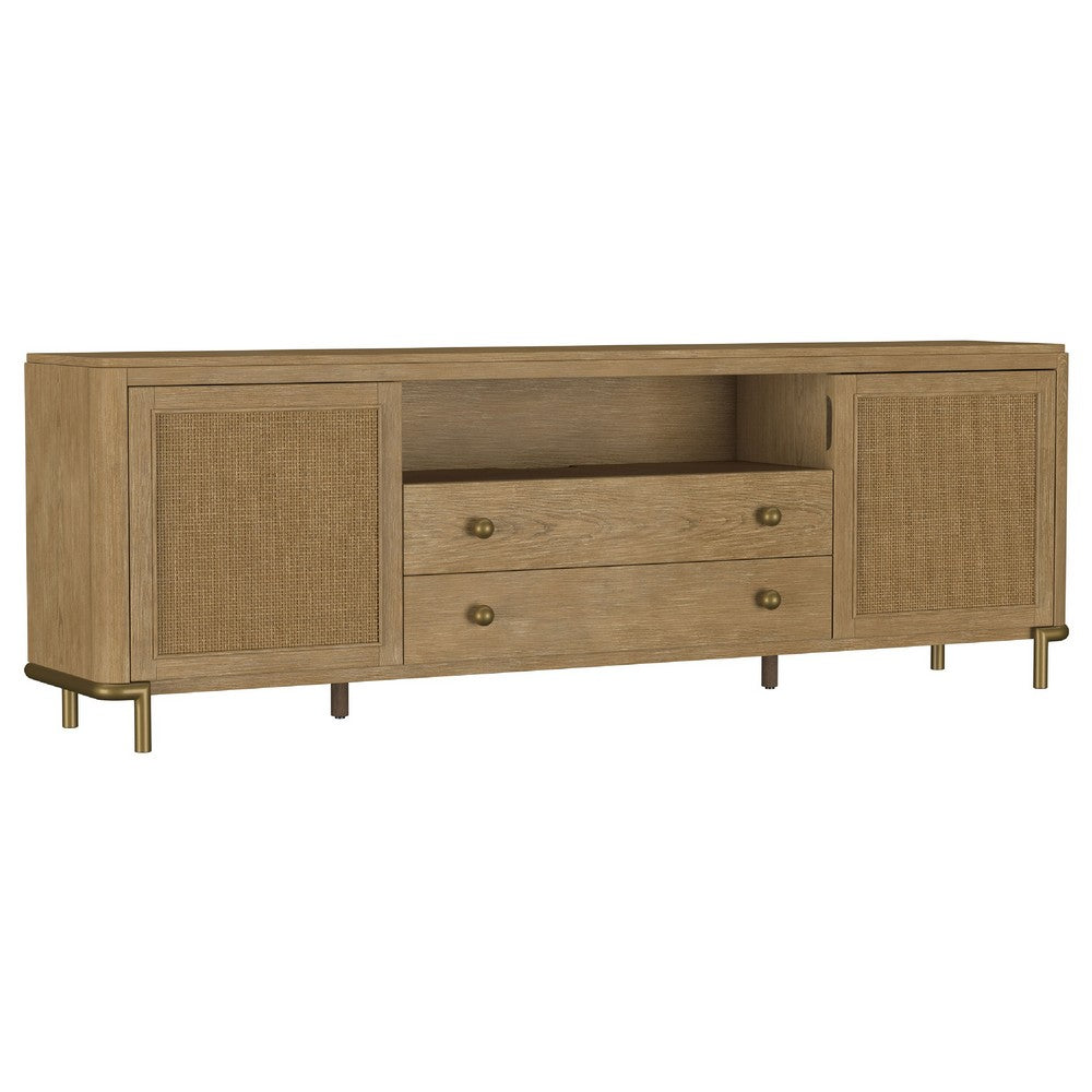 Fij TV St& Media Console w Drawers | Rattan Cane Doors | Brown Wood 80"