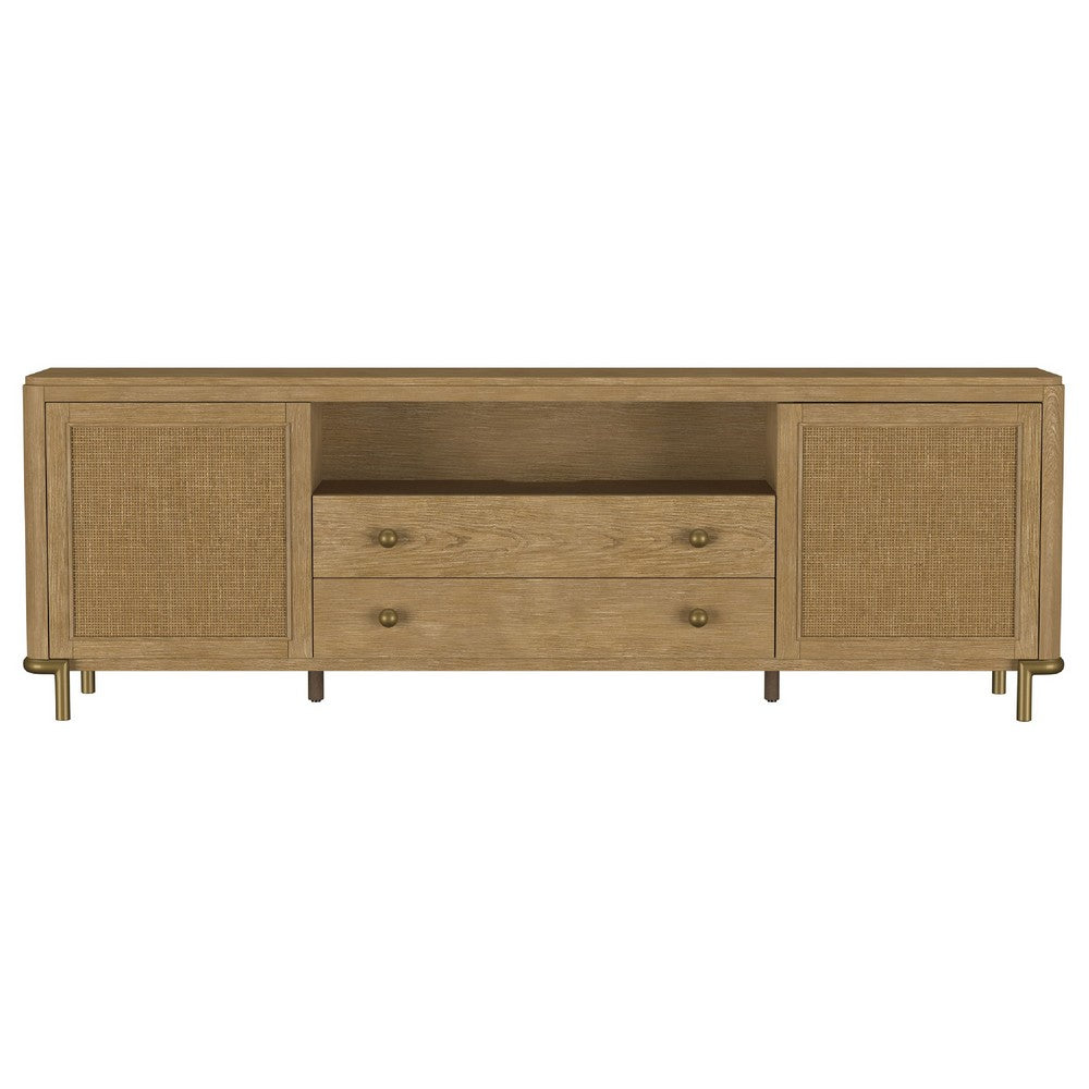 Fij TV St& Media Console w Drawers | Rattan Cane Doors | Brown Wood 80"