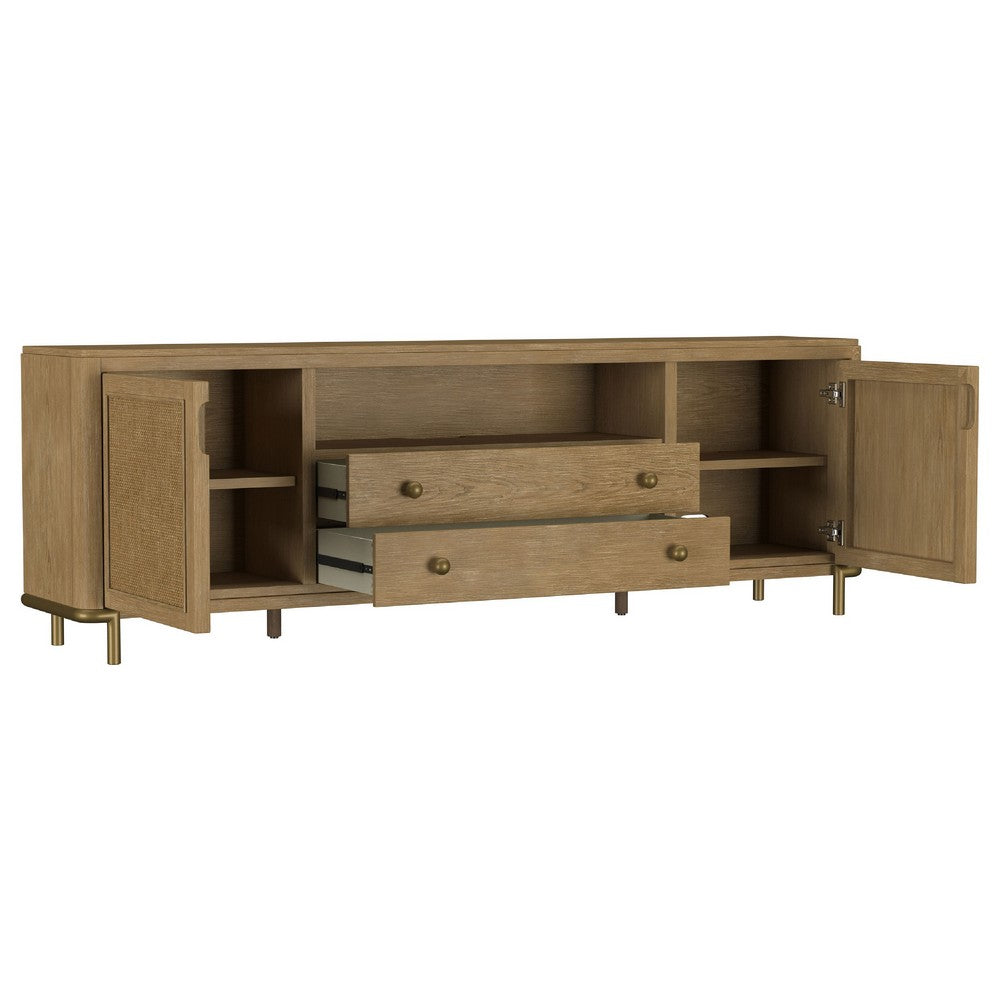 Fij TV St& Media Console w Drawers | Rattan Cane Doors | Brown Wood 80"