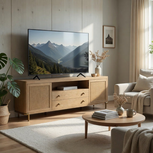 Fij TV St& Media Console w Drawers | Rattan Cane Doors | Brown Wood 80"