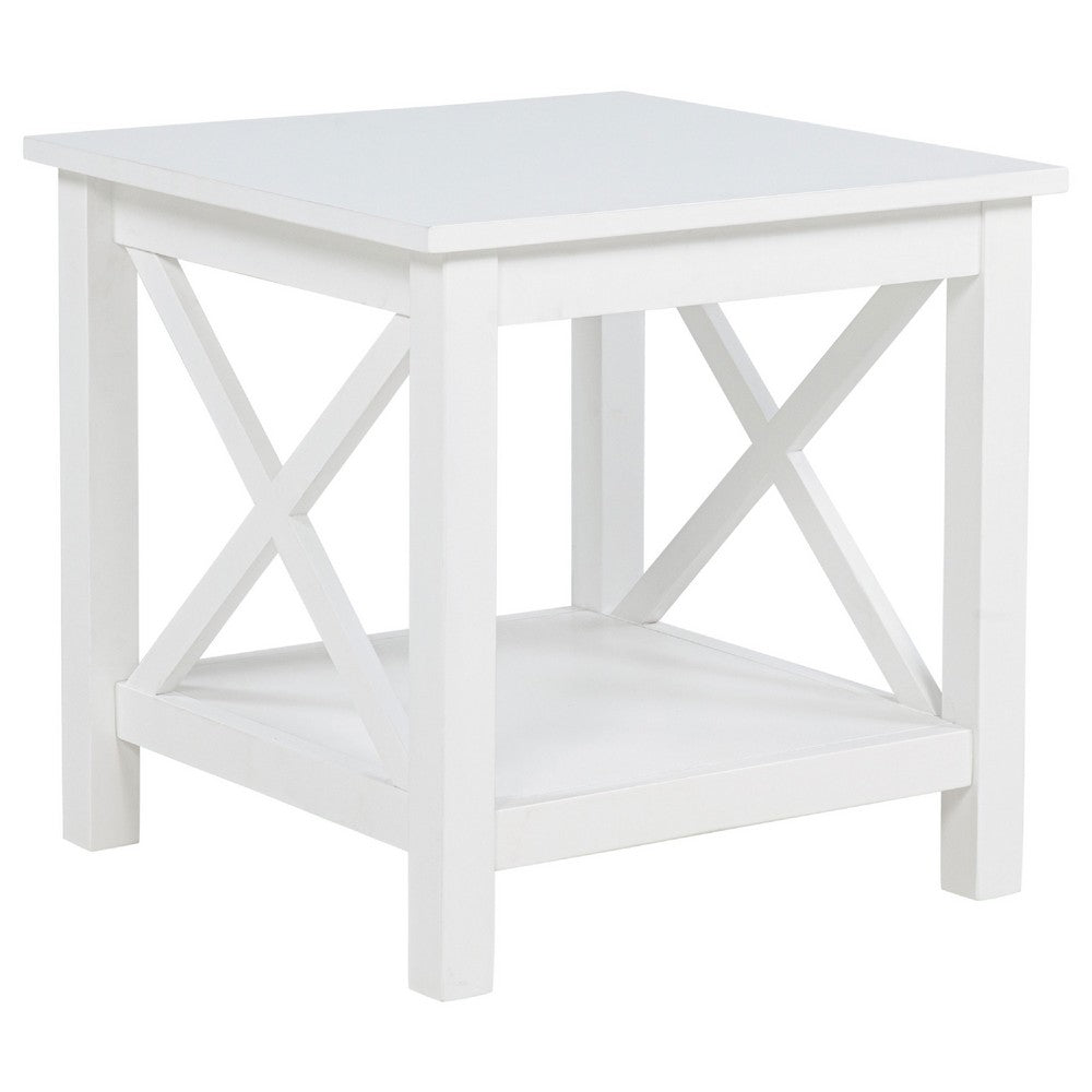 Yuzie Side End Table with Open Shelf | X-Side Frame | White Wood 20"