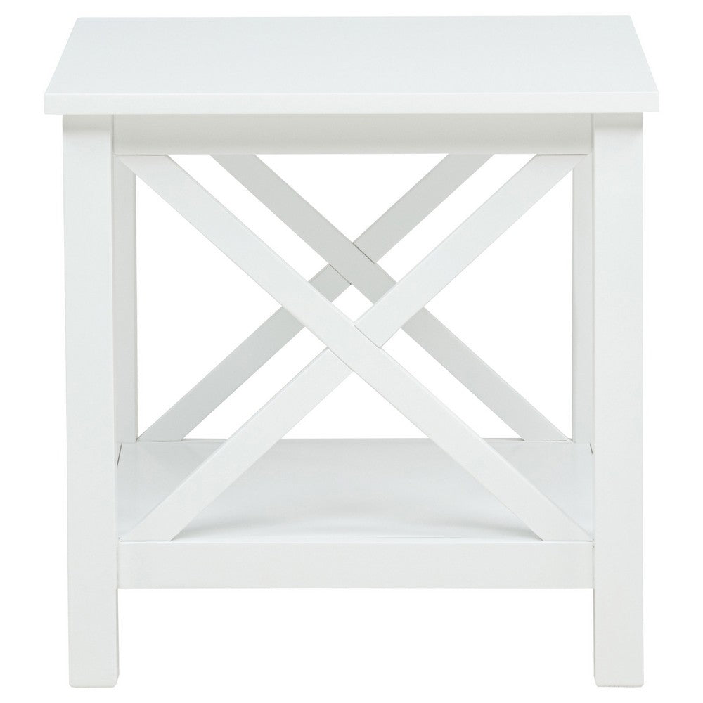 Yuzie Side End Table with Open Shelf | X-Side Frame | White Wood 20"