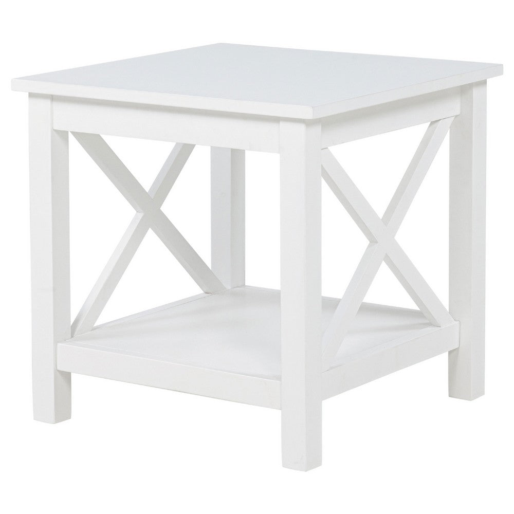 Yuzie Side End Table with Open Shelf | X-Side Frame | White Wood 20"