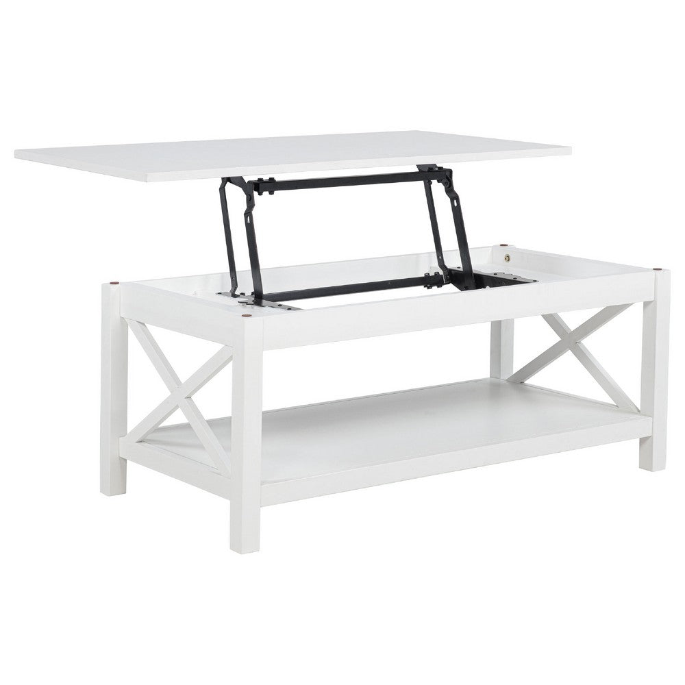 Yuzie Lift-Top Coffee Table with Hidden Storage and Shelf | White Wood 44"