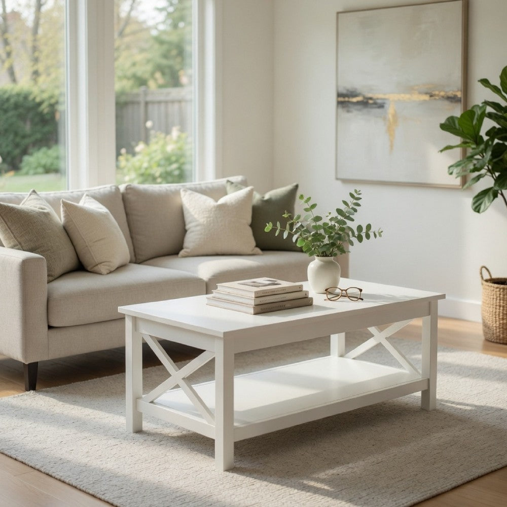 Yuzie Lift-Top Coffee Table with Hidden Storage and Shelf | White Wood 44"