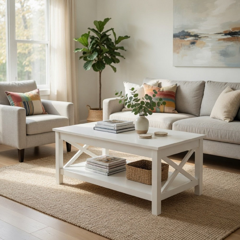 Yuzie Lift-Top Coffee Table with Hidden Storage and Shelf | White Wood 44"