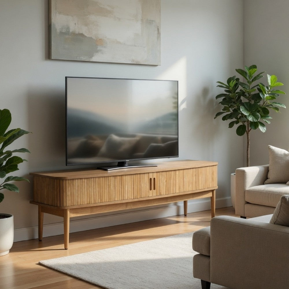 Elora TV St& Media Console with Reeded Doors | Brown Rubberwood 71"
