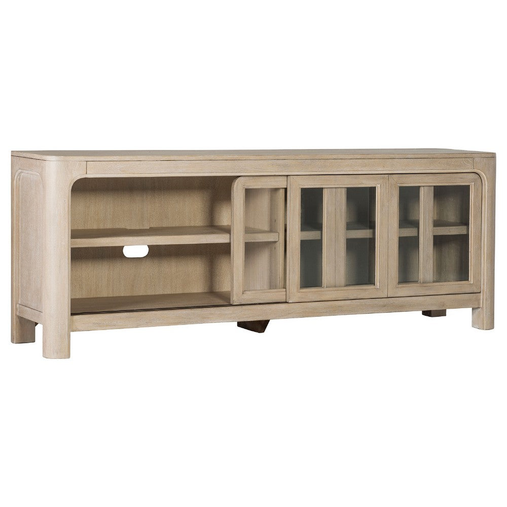 Pira TV St& Media Console with 2 Glass Door Cabinets | Brown Wood 71"