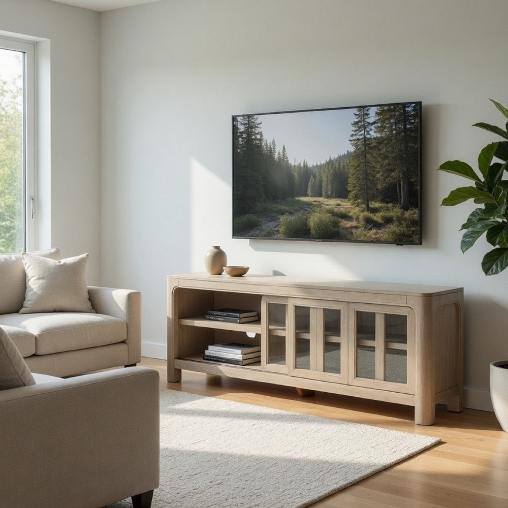 Pira TV St& Media Console with 2 Glass Door Cabinets | Brown Wood 71"