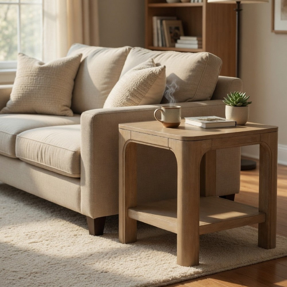 Pira Square Side-End Table | Open Shelf | Distressed Brown Wood 22"
