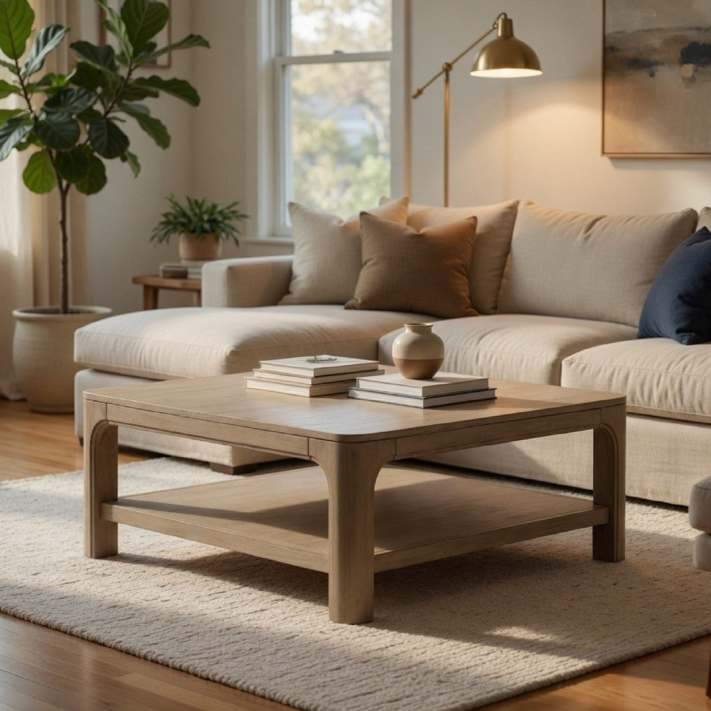 Pira Square Cocktail Coffee Table | Open Shelf | Distressed Brown Wood 40"