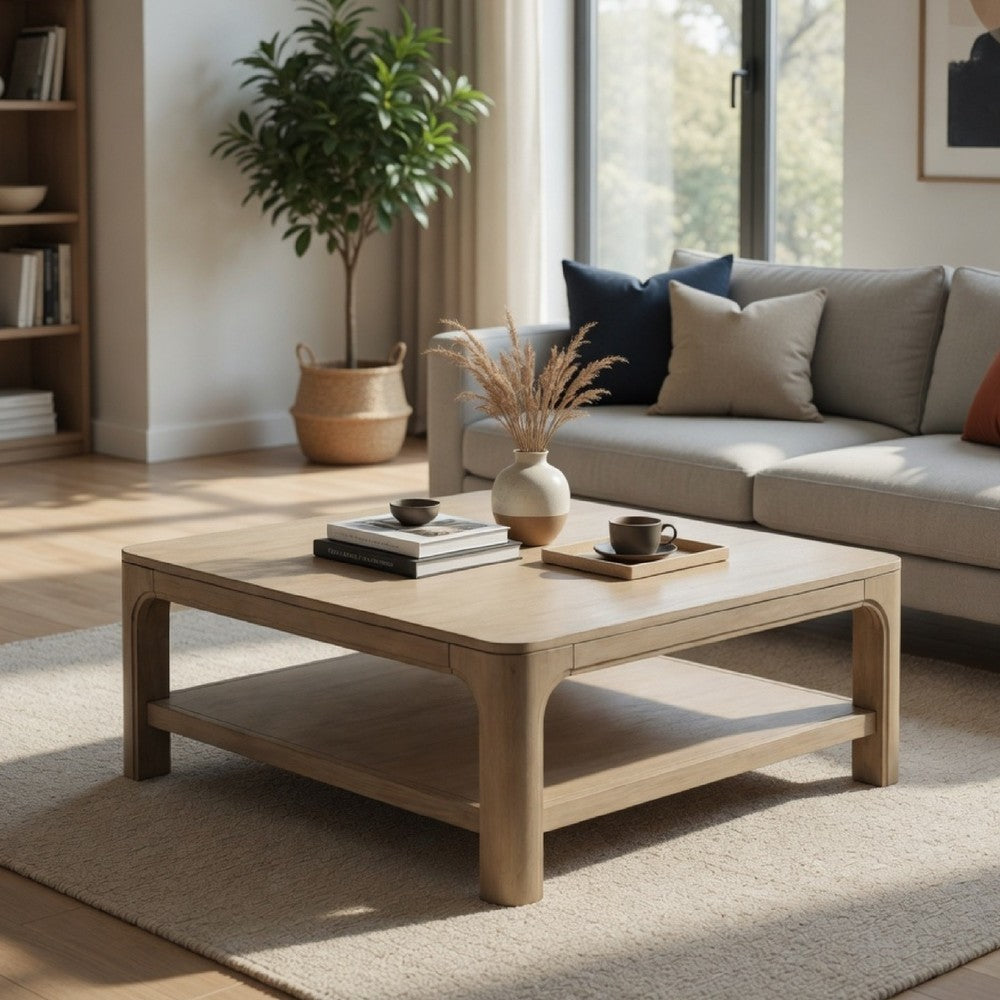 Pira Square Cocktail Coffee Table | Open Shelf | Distressed Brown Wood 40"
