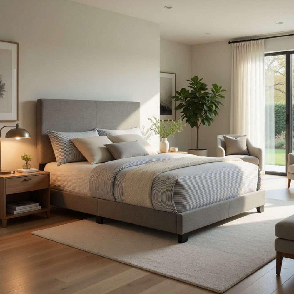 Desy Full Panel Bed | Foam Headboard | Taupe Gray Upholstery | Black