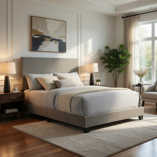 Desy Full Panel Bed | Foam Headboard | Taupe Gray Upholstery | Black
