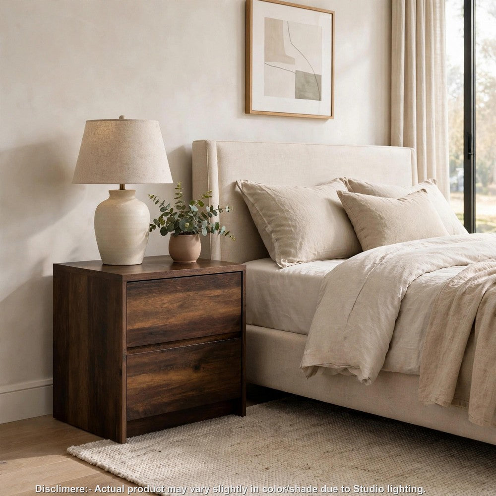 Park Nightst& | 2 Drawers | LED Light & USB Ports | Dark Pine Brown Wood