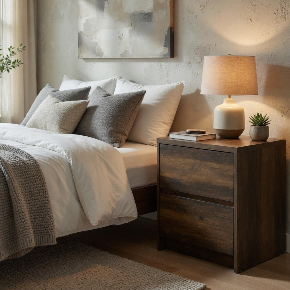 Park Nightst& | 2 Drawers | LED Light & USB Ports | Dark Pine Brown Wood