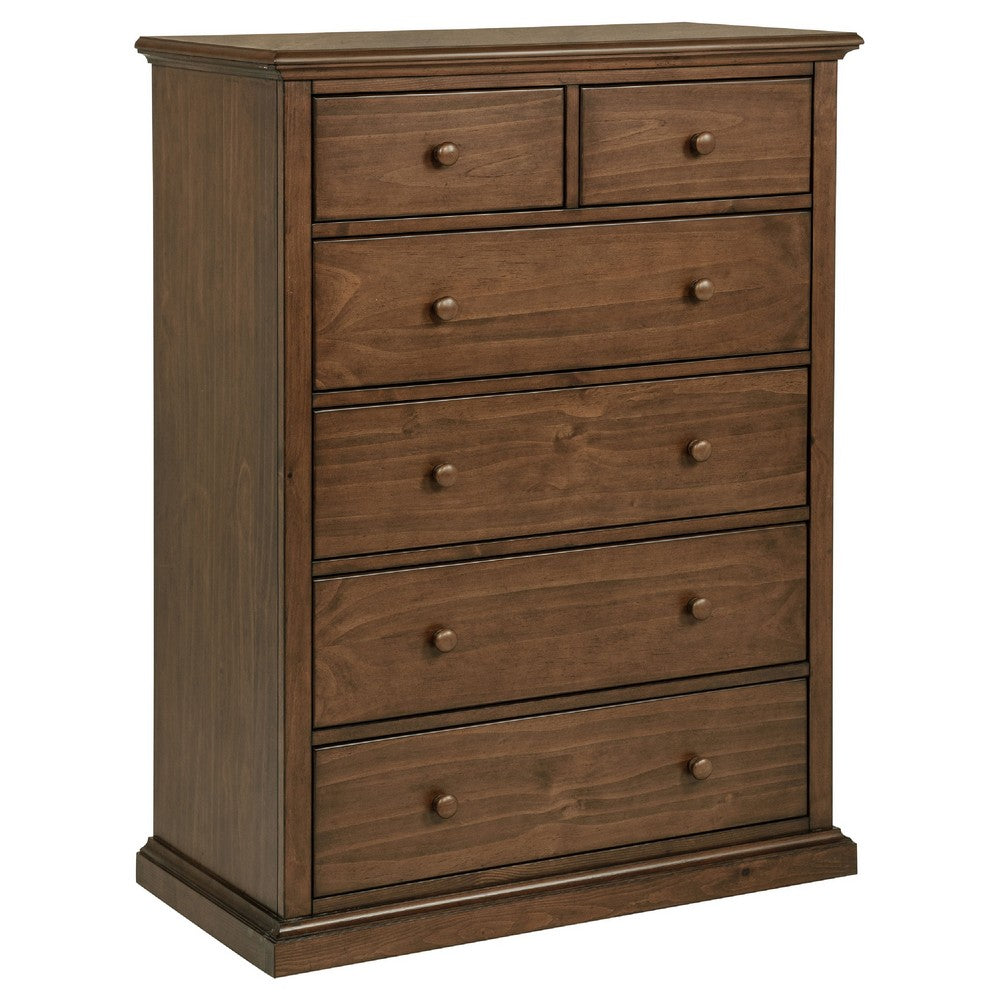 Umer Tall Dresser Chest | 6 Tinted Drawers | Plinth Base | Medium Brown Wood
