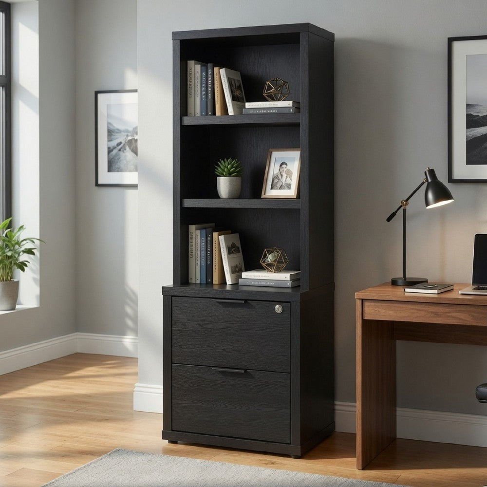 Park Bookcase with 3 Open Shelves | 2 Drawers | 61" Black Wood