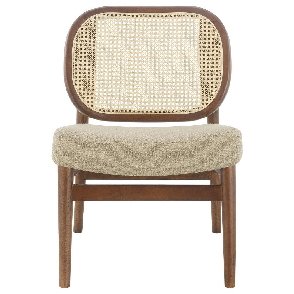 Necy Accent Chair | Rattan Cane Woven Back | Camel Brown Upholstered Seat