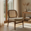 Necy Accent Chair | Rattan Cane Woven Back | Camel Brown Upholstered Seat