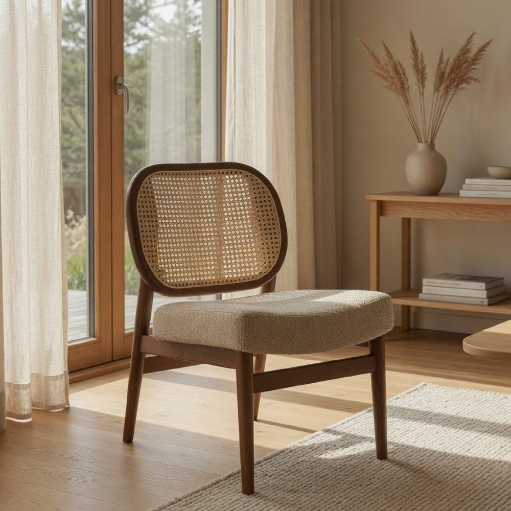 Necy Accent Chair | Rattan Cane Woven Back | Camel Brown Upholstered Seat