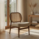 Necy Accent Chair | Rattan Cane Woven Back | Camel Brown Upholstered Seat