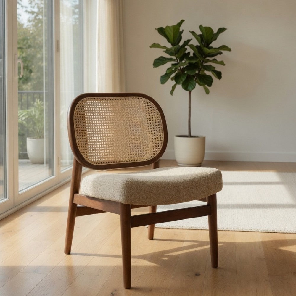 Necy Accent Chair | Rattan Cane Woven Back | Camel Brown Upholstered Seat
