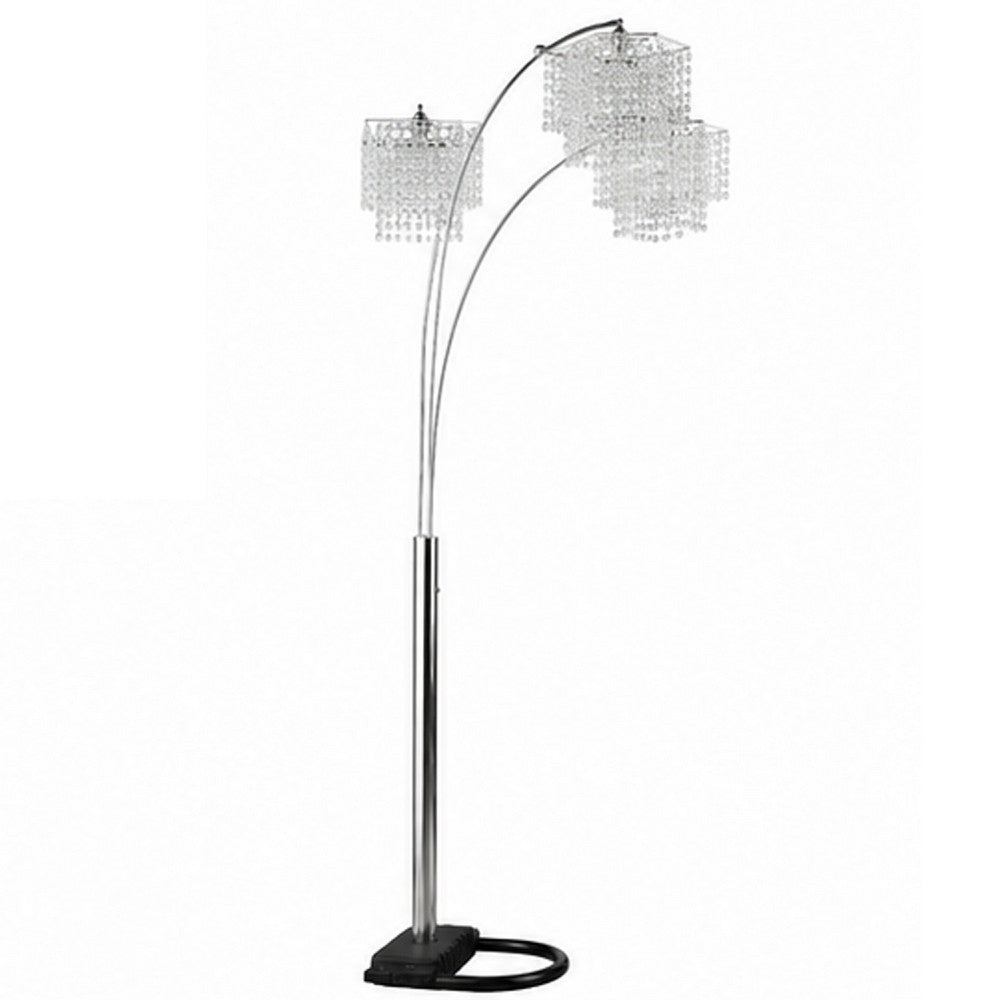 Nira Floor Lamp | 3 Hanging Crystal Shades | 90" Silver Arc Frame