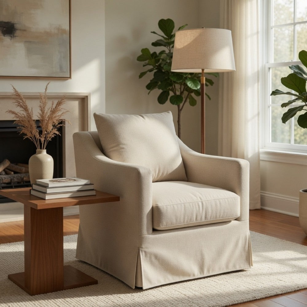 Jira Swivel Accent Sofa Chair with Sloped Arms | Beige Upholstery
