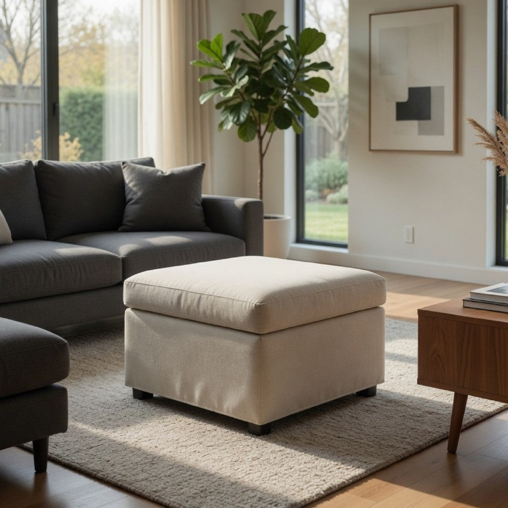 Jira Modern Storage Ottoman | Black Feet | Beige Upholstery | 24"