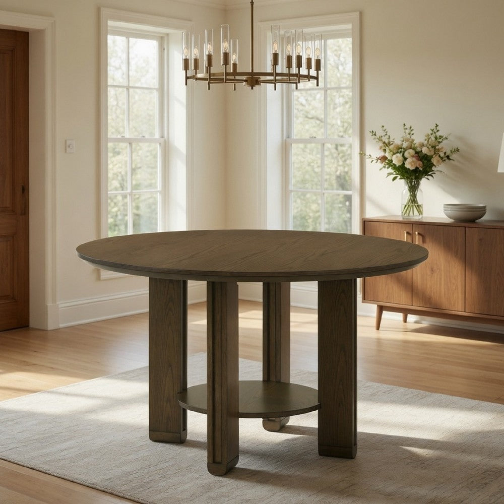 Clera Round Dining Table | Open Shelf Base | Brown Rubberwood 47"