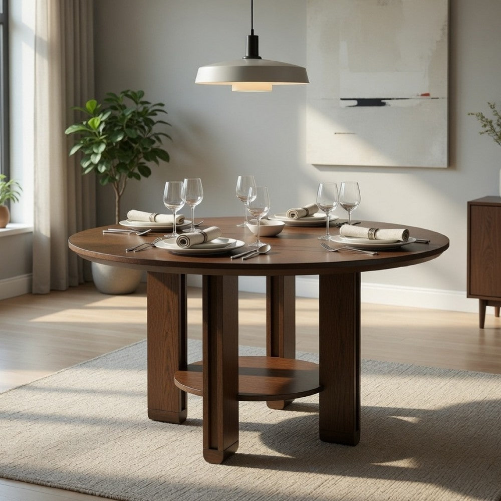 Clera Round Dining Table | Open Shelf Base | Brown Rubberwood 47"