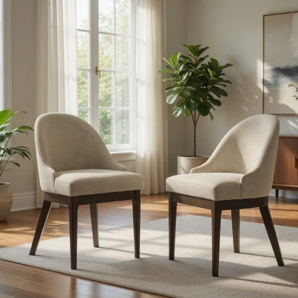 Dyna Curved Dining Side Chair Set of  2 | Beige Fabric | Walnut Brown Wood