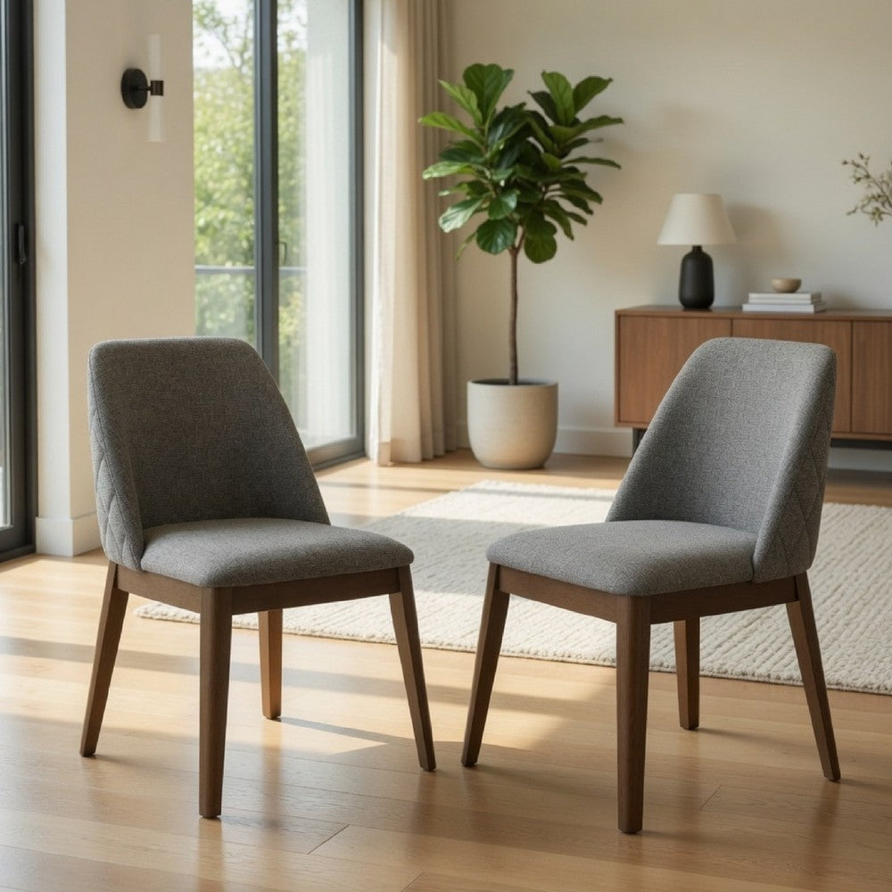 Freda Dining Chair | Set of 2 | Gray Diamond Quilted Fabric | Brown Wood