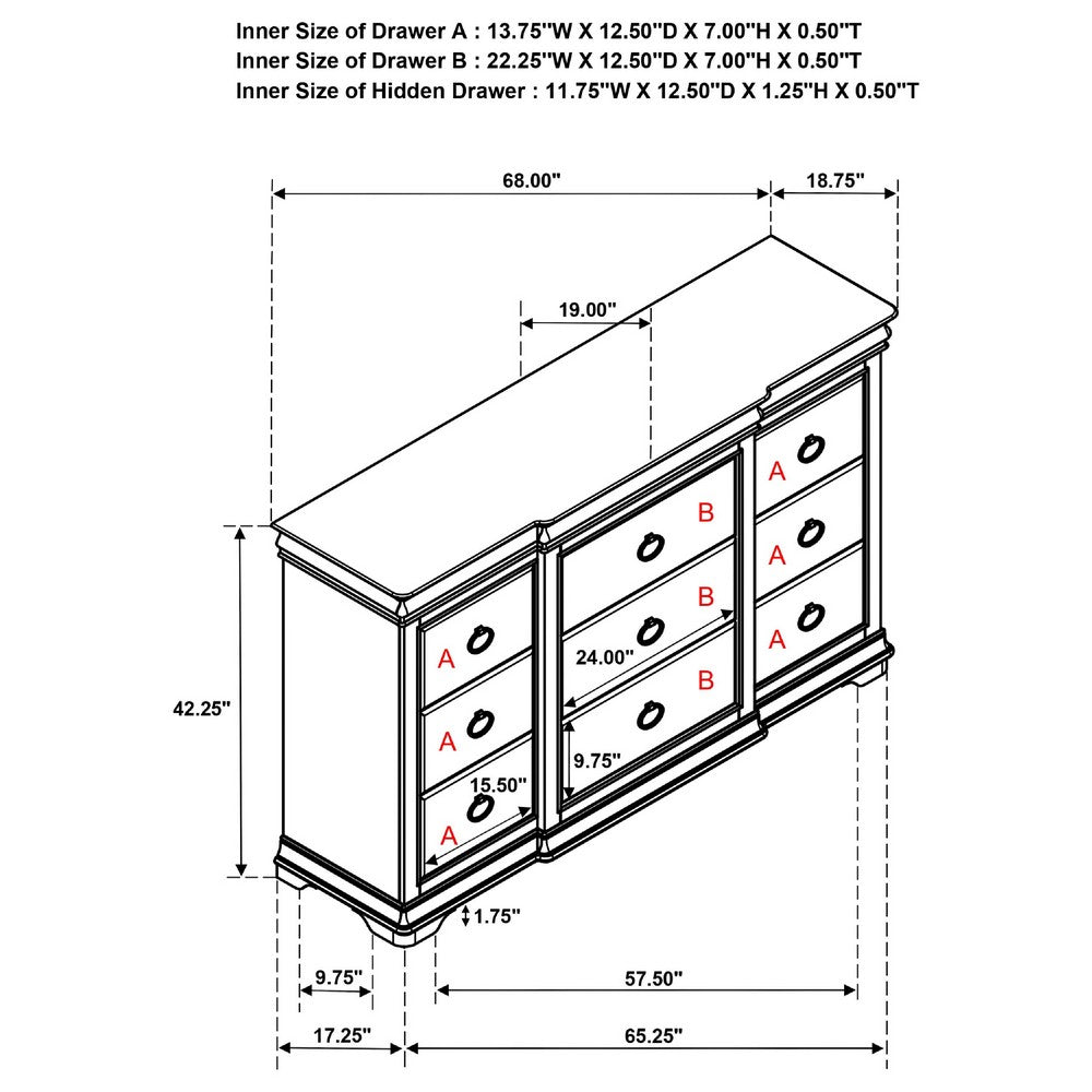 Gravis Wide Dresser Chest | 9 Drawers & 2 Hidden Drawers | Cherry Brown