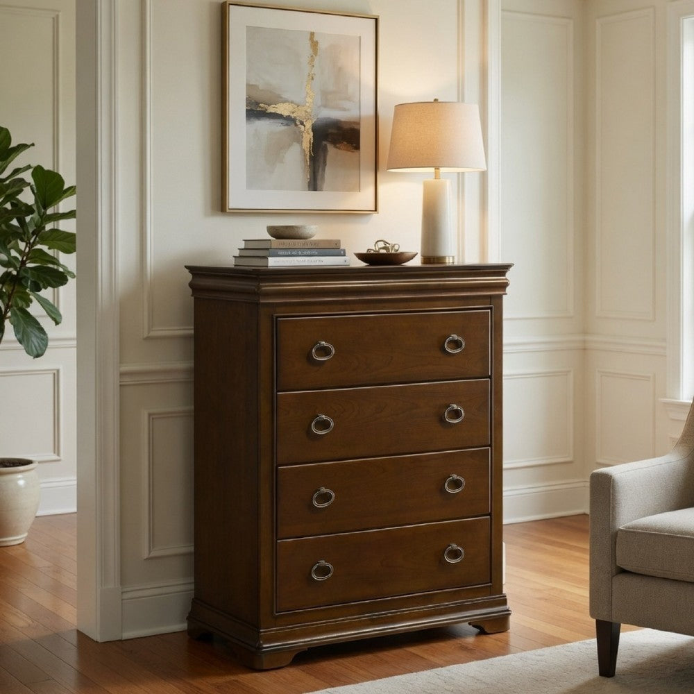 Gravis Tall Dresser Chest with 4 Drawers | Crown Moldings | Cherry Brown