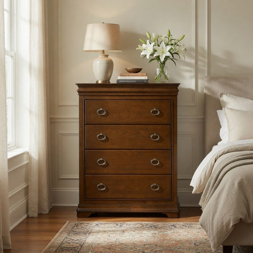 Gravis Tall Dresser Chest with 4 Drawers | Crown Moldings | Cherry Brown
