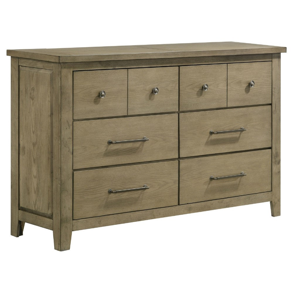 Hazel Wide Dresser | 6 Drawers | Antique Nickel Metal | Oak Brown Wood