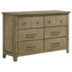 Hazel Wide Dresser | 6 Drawers | Antique Nickel Metal | Oak Brown Wood