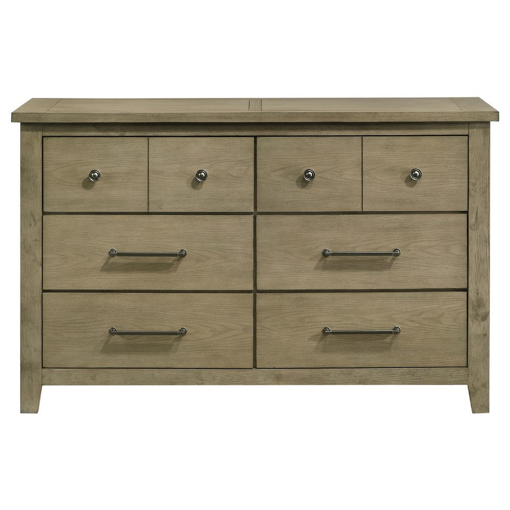 Hazel Wide Dresser | 6 Drawers | Antique Nickel Metal | Oak Brown Wood