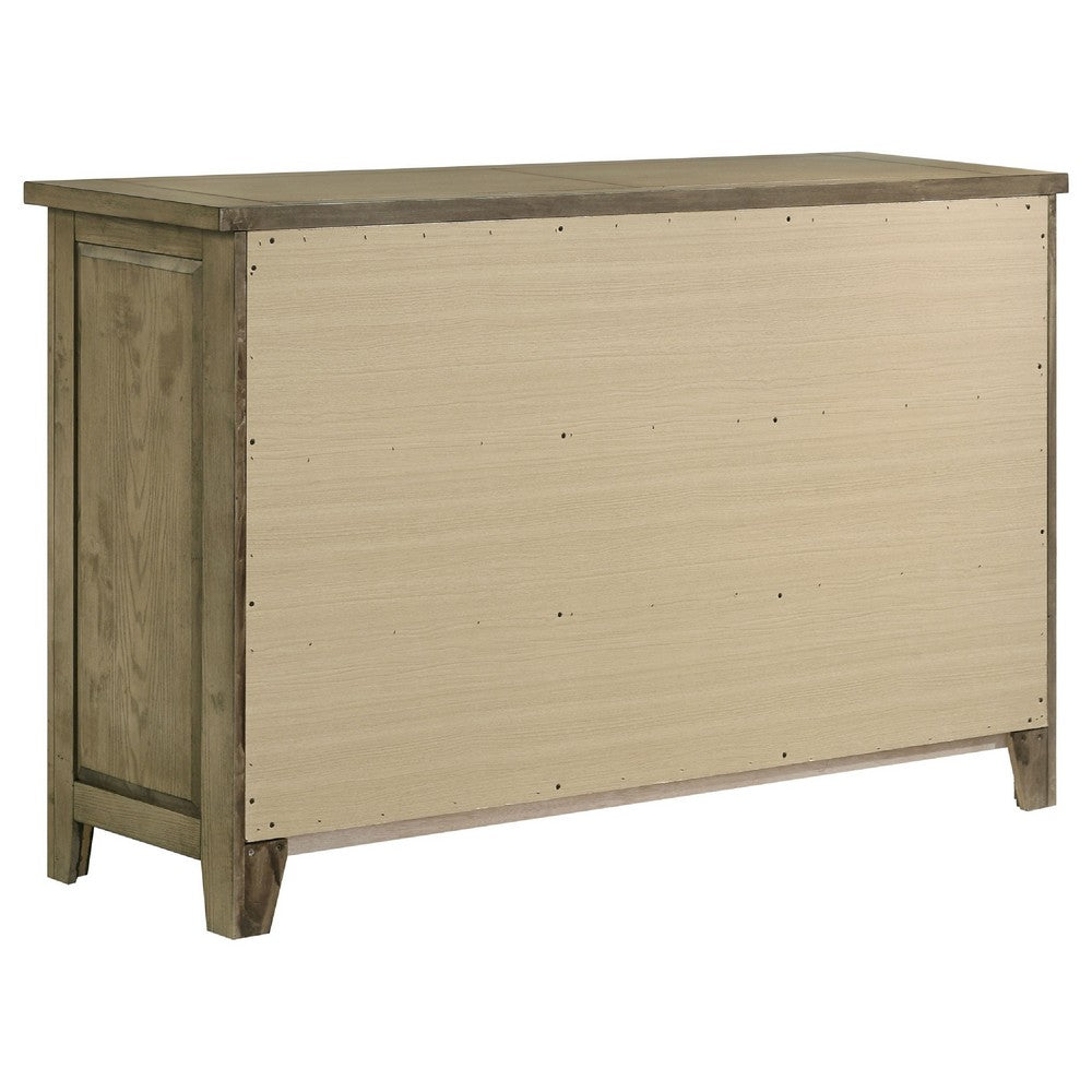 Hazel Wide Dresser | 6 Drawers | Antique Nickel Metal | Oak Brown Wood