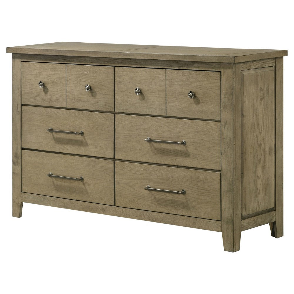 Hazel Wide Dresser | 6 Drawers | Antique Nickel Metal | Oak Brown Wood